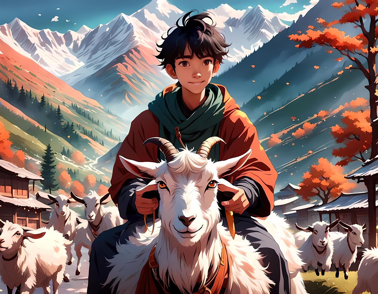 Happy Boy Rides Goat in Detailed Anime Landscape