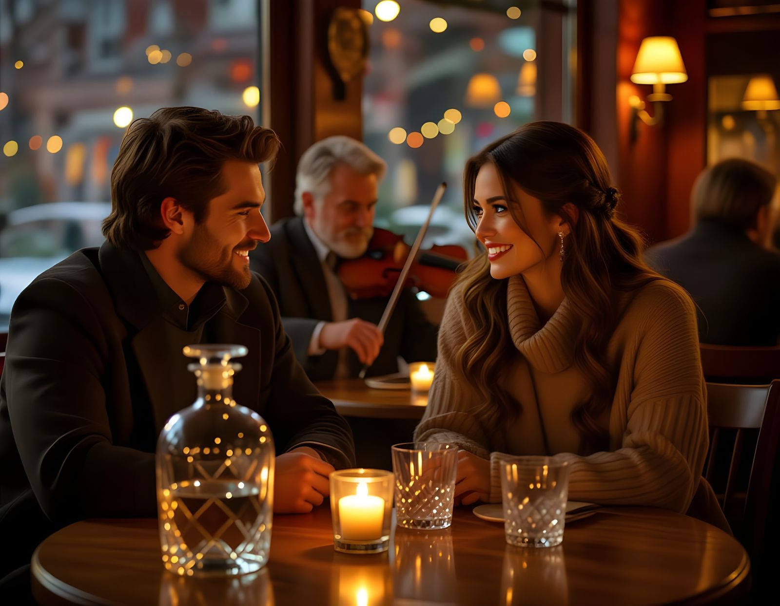 Romantic Cafe Scene: Couple, Candles, and Violinist
