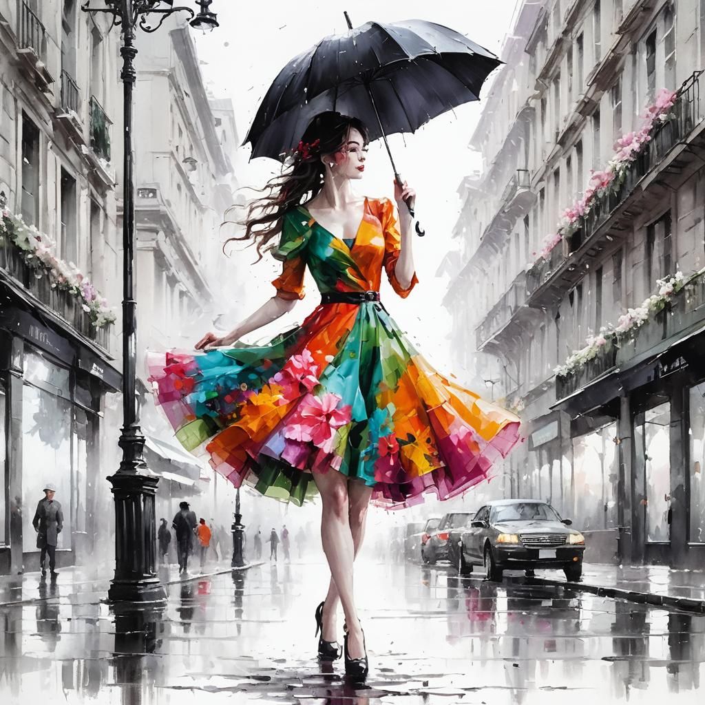 Girl Under Umbrella in Impressionist Oil Painting