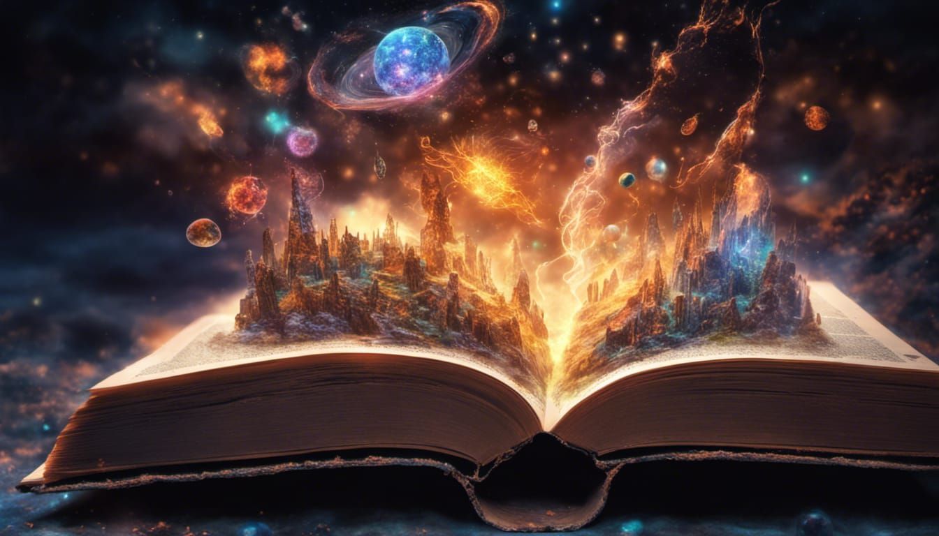 Fantasy Worlds Erupting from Book, Mixed Media