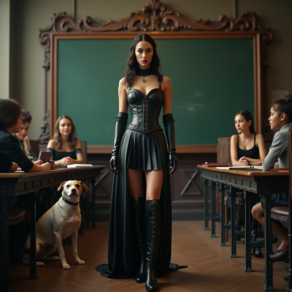 Futuristic Leather Teacher in Ornate Classroom