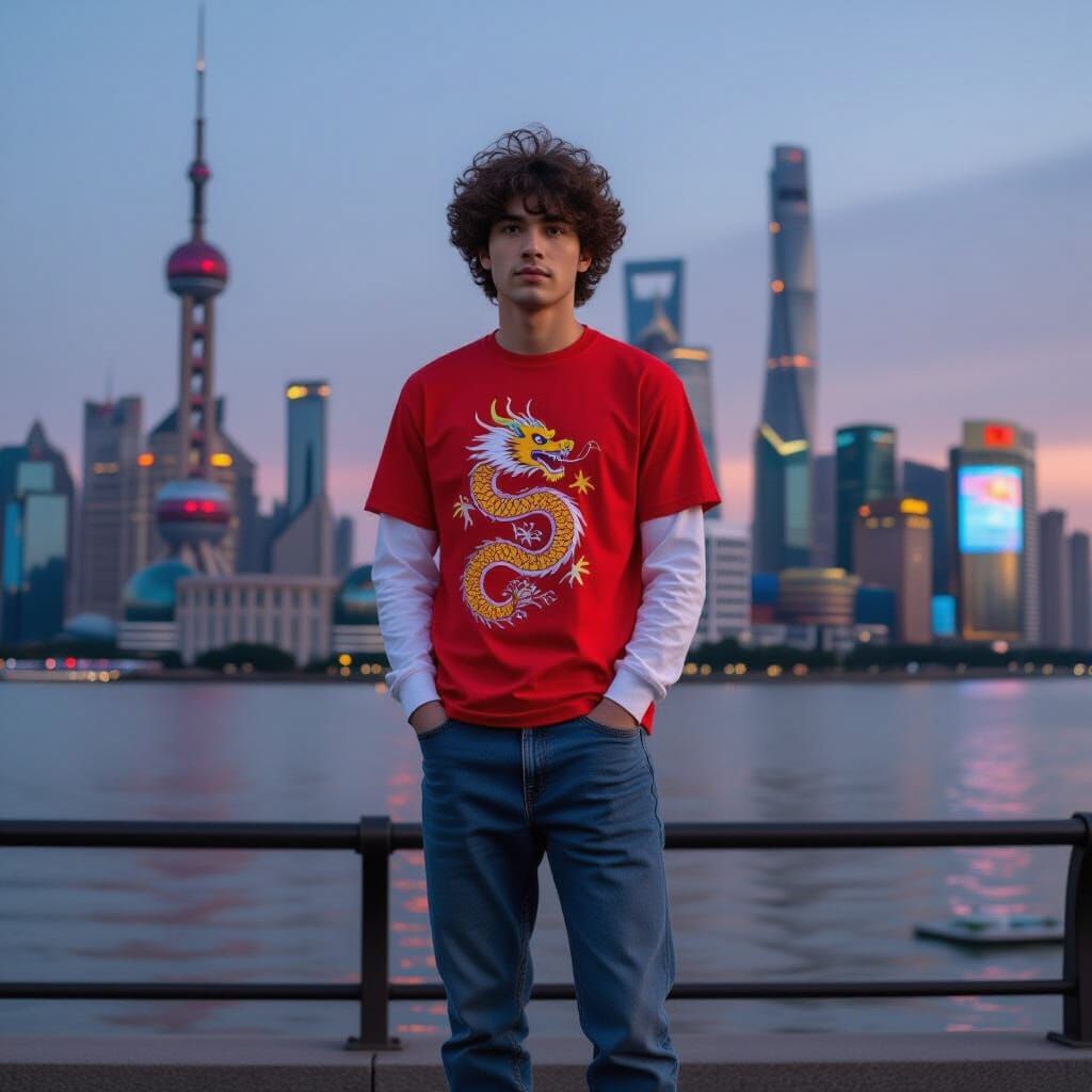 Young Man in Dragon T-Shirt Views Winter Cityscape
