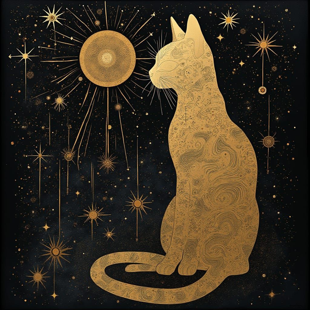 Gilded Cosmic Cats in Holographic Astral Illustration