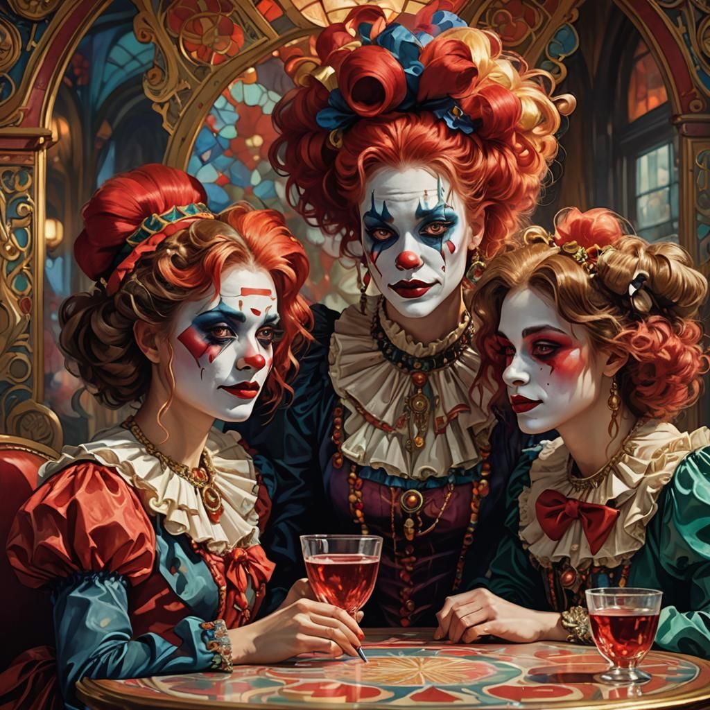 Clown Girls at Ornate Table in Art Nouveau Style