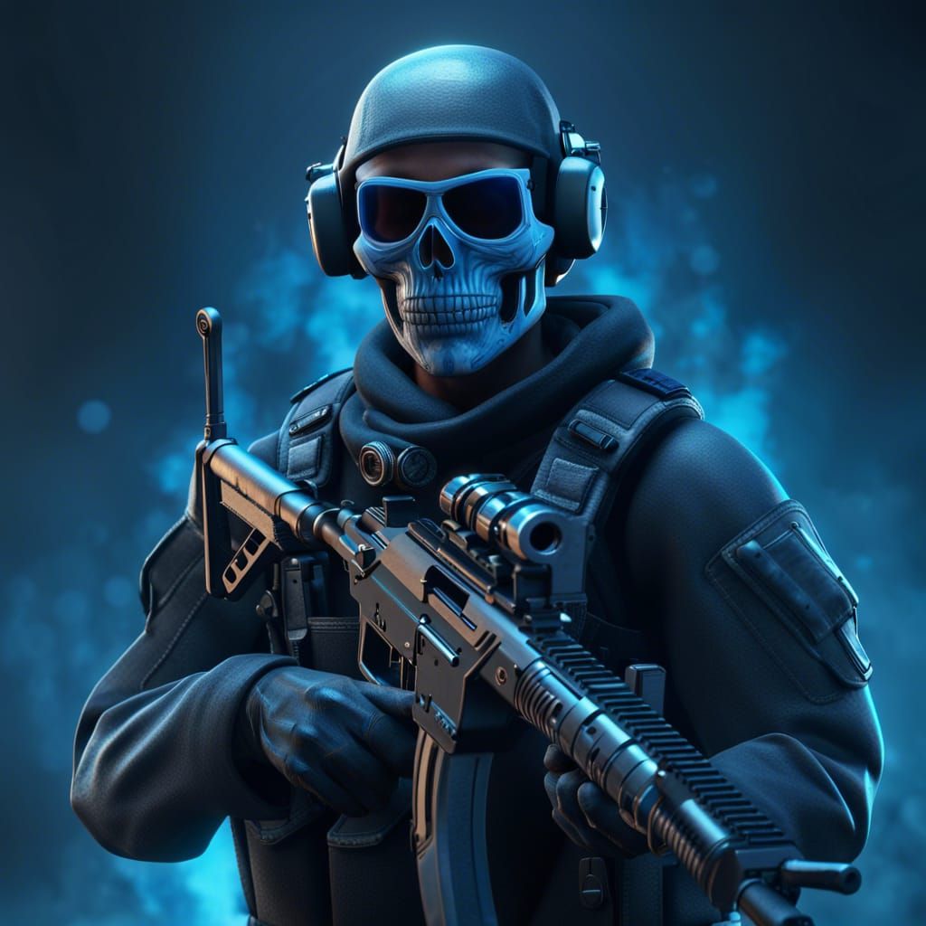 Man with Blue Skull Mask in Tactical Gear