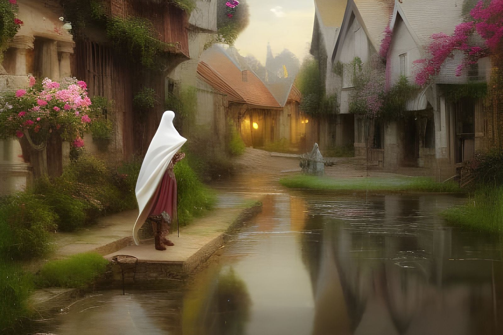 Grim Reaper Visits Charming Village, Hyperdetailed Oil Paint...