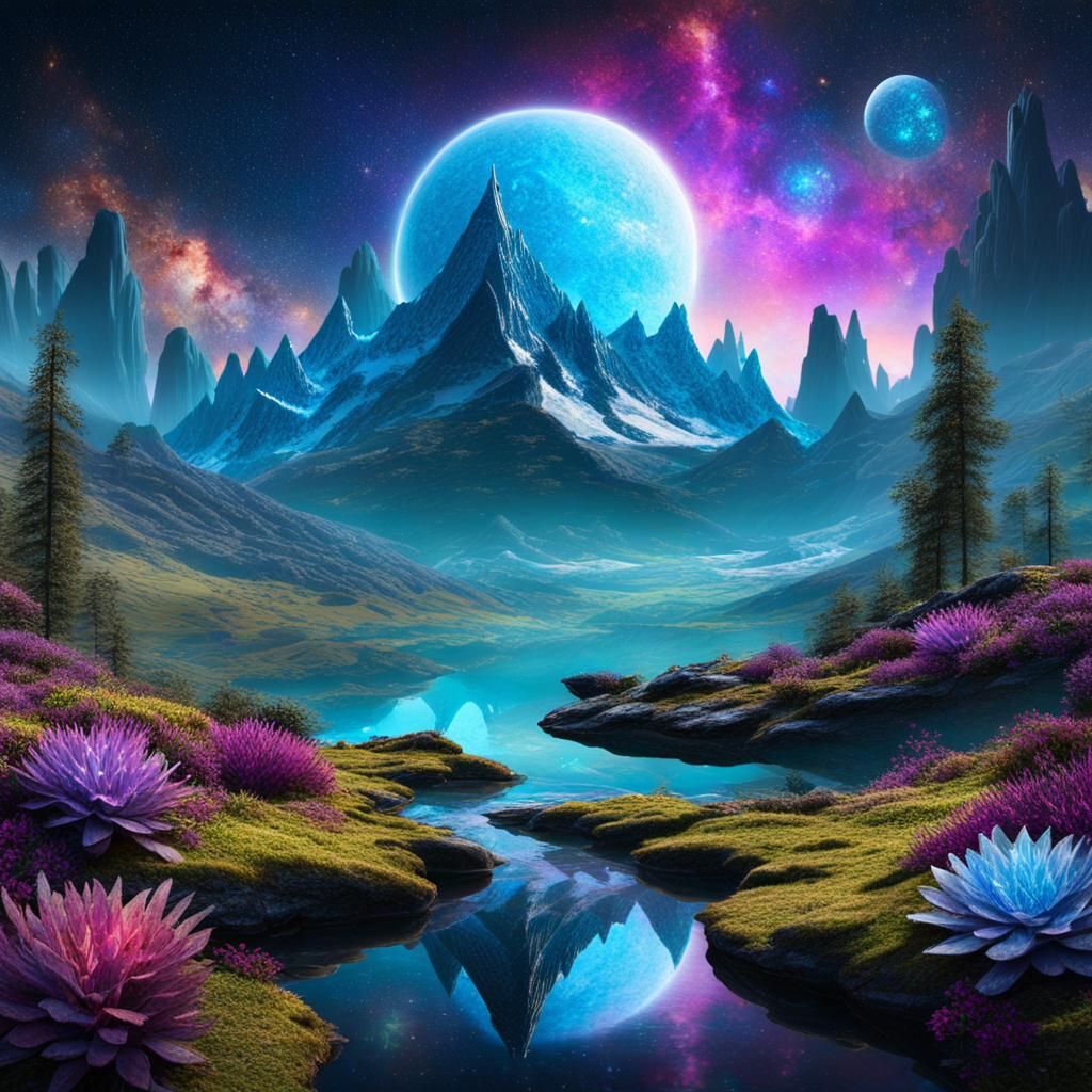 Cosmic Winter Mountains in Astral Illustration
