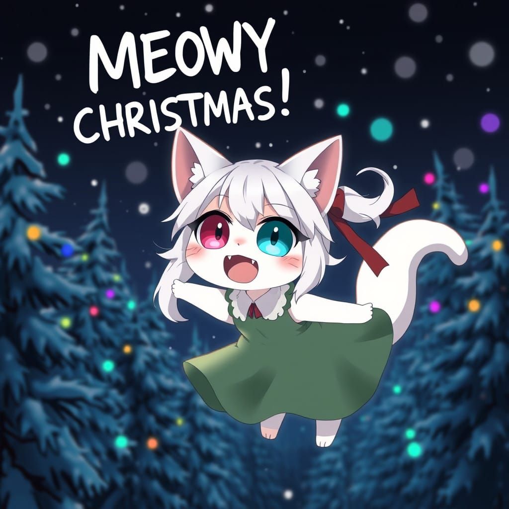 Mystical Anime Catgirl Celebrates Christmas in Whimsical Nig...