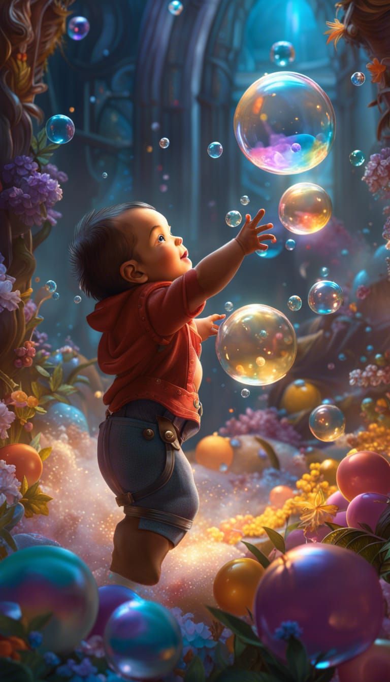 Baby's Joyful Encounter with Bubbles: Fantasy Art