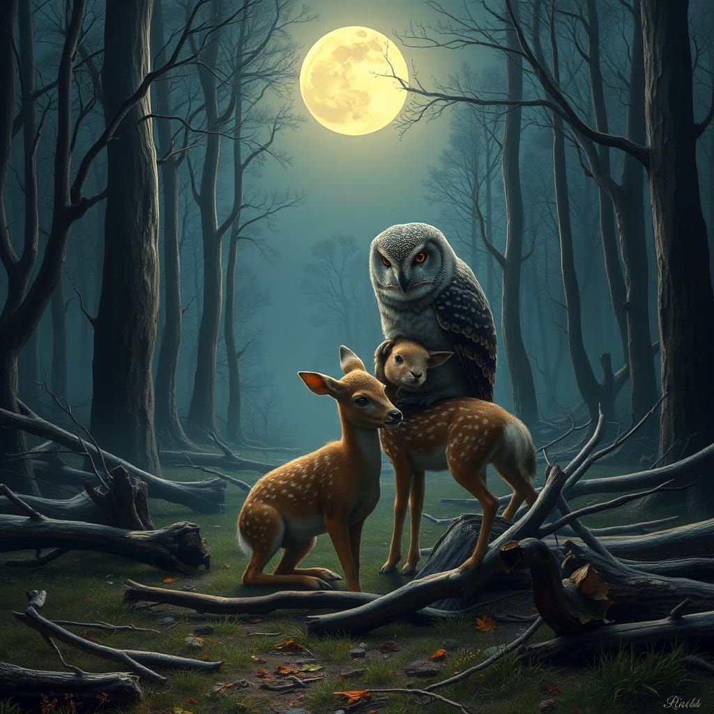 Forest Creatures Mourning in Moonlit Clearing