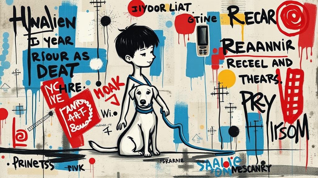 Boy and Dog in Basquiat-Inspired Neo-Expressionist Style