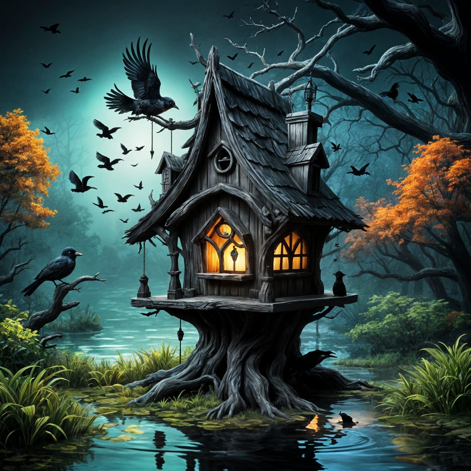 Mystic Gothic Birdhouse on an Old Oak Branch