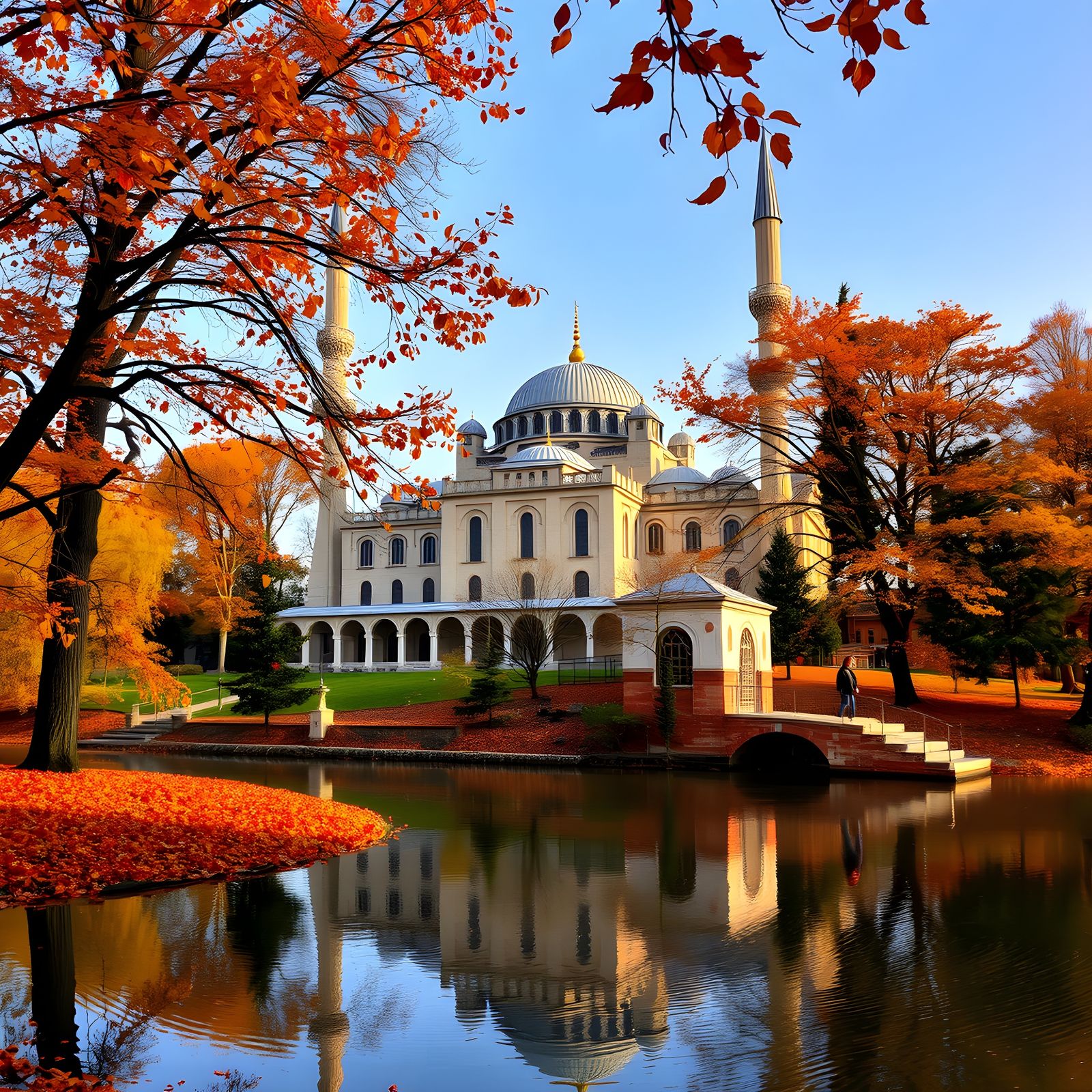Autumn Mosque Reflection in Golden Sunlight