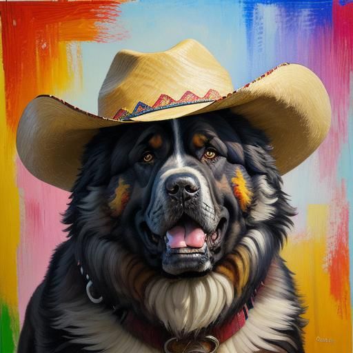 Happy Tibetan Mastiff Dog in Cowboy Hat