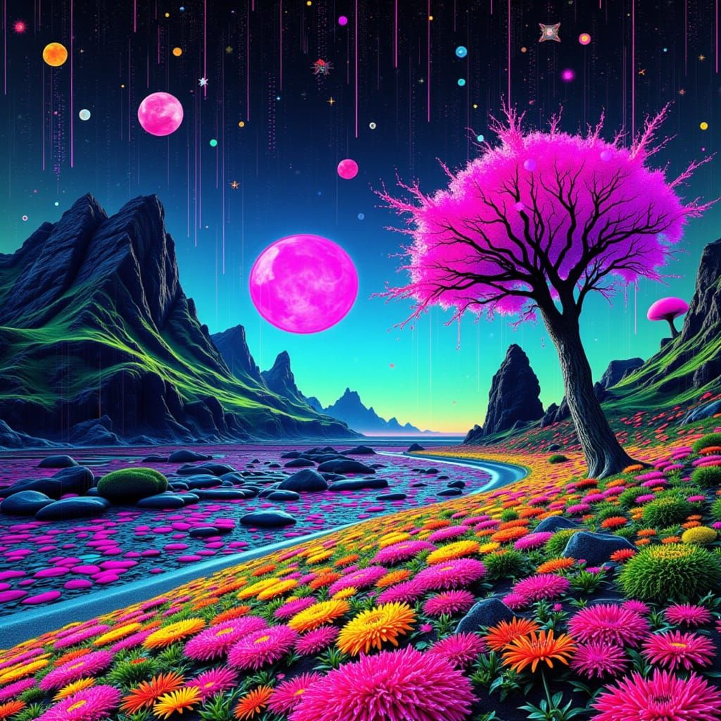 serene <lora:Glitch n Errorcore:1.0> spring landscape