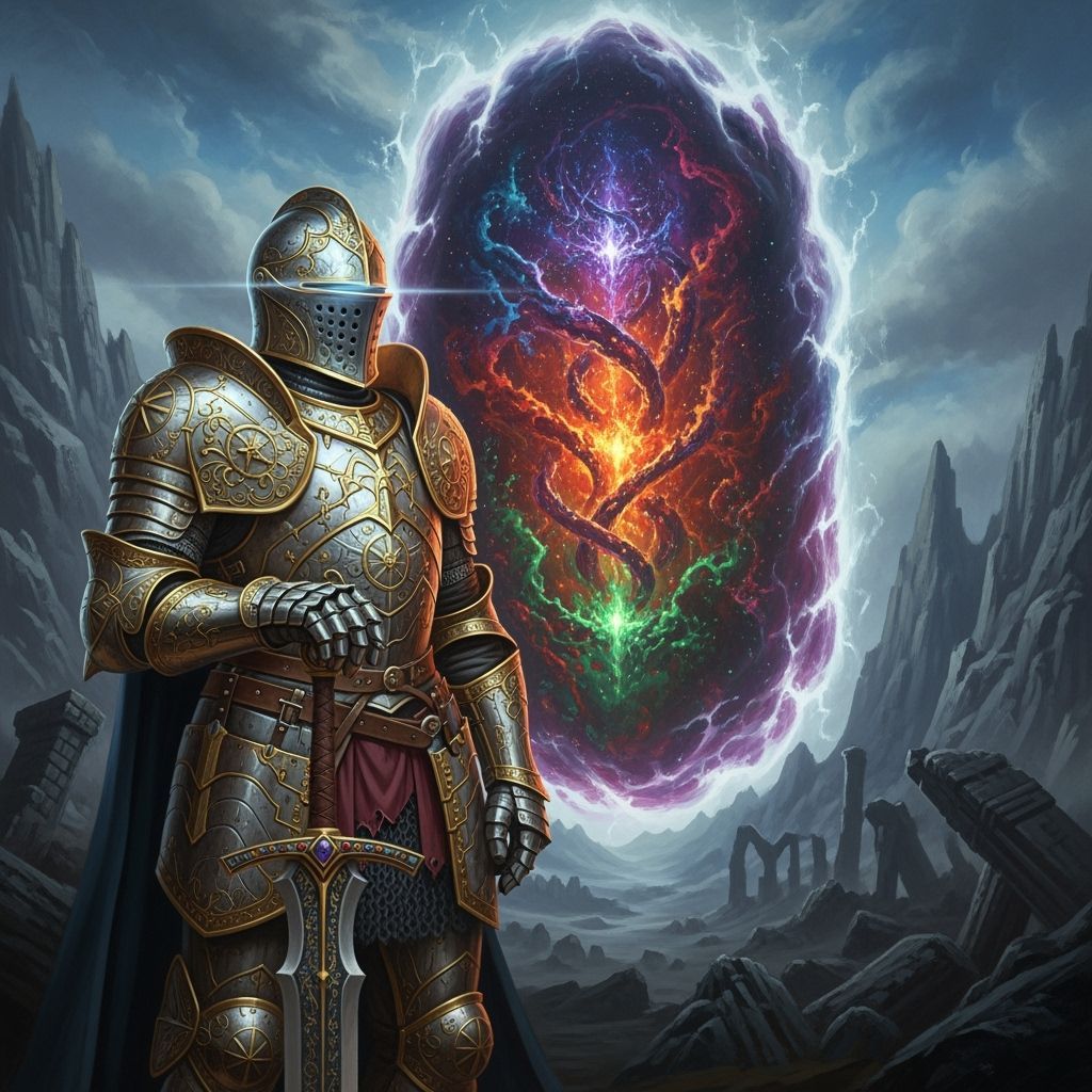 Ornate Knight Guarding a Shimmering Portal