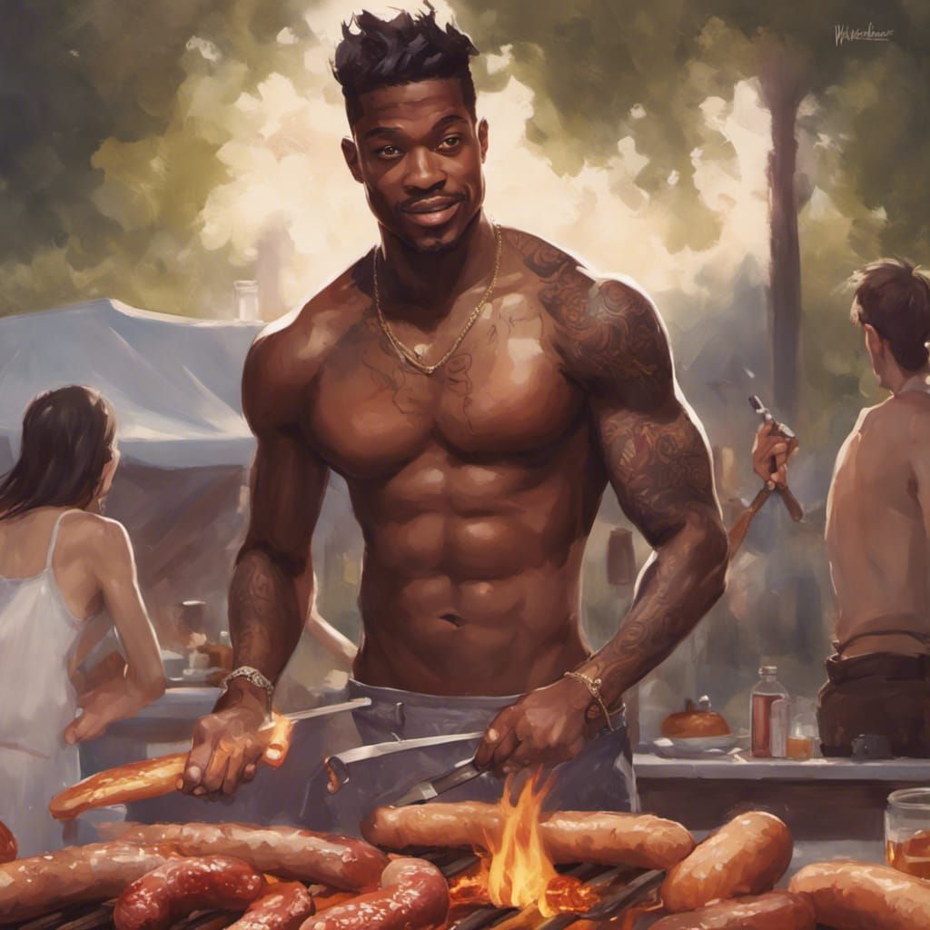 Shirtless Man Cooks Phallic Sausages, Hyperrealistic Digital...