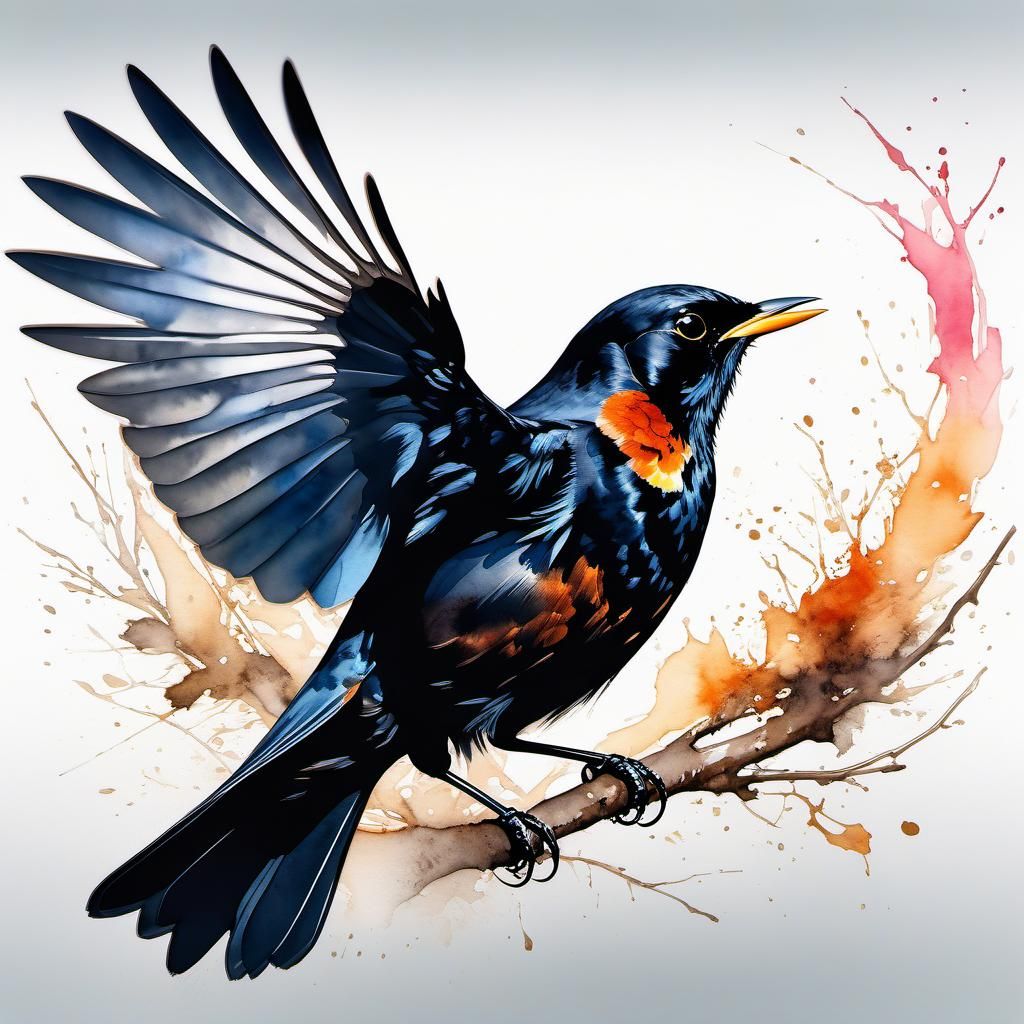 Fantasy Blackbird in Noir Digital Watercolor Illustration