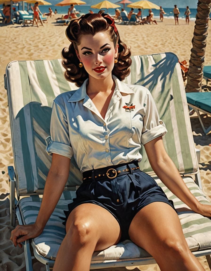 **"A sun-kissed rockabilly beach babe from the 1950s, in hig...