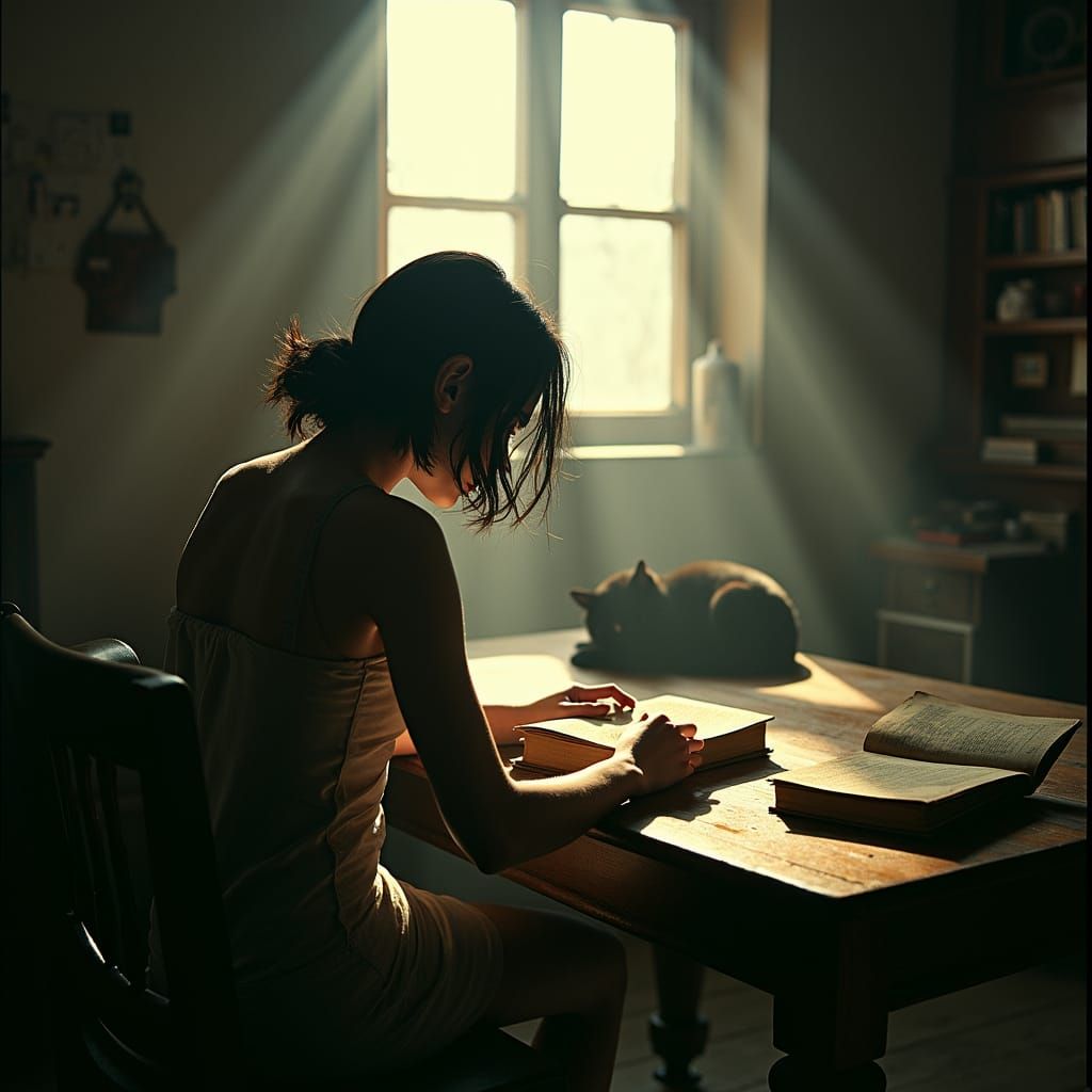 Woman Reading with Cat, Cinematic 35mm Film