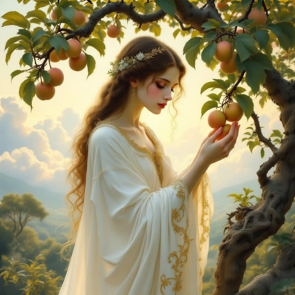Ethereal Woman in Paradise, Plucking Fruit from a Lush Tree