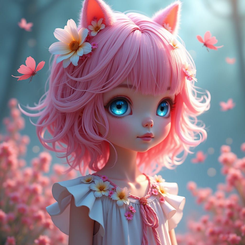 Whimsical Fantasy Girl with Pink Hair and Flowers