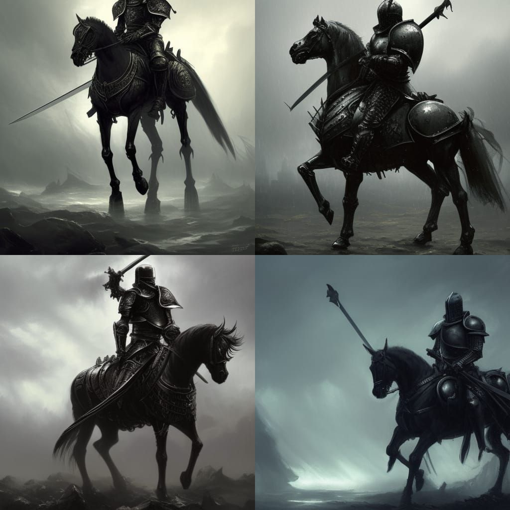 Stormy Black Knight on Horseback: Dark Fantasy Art