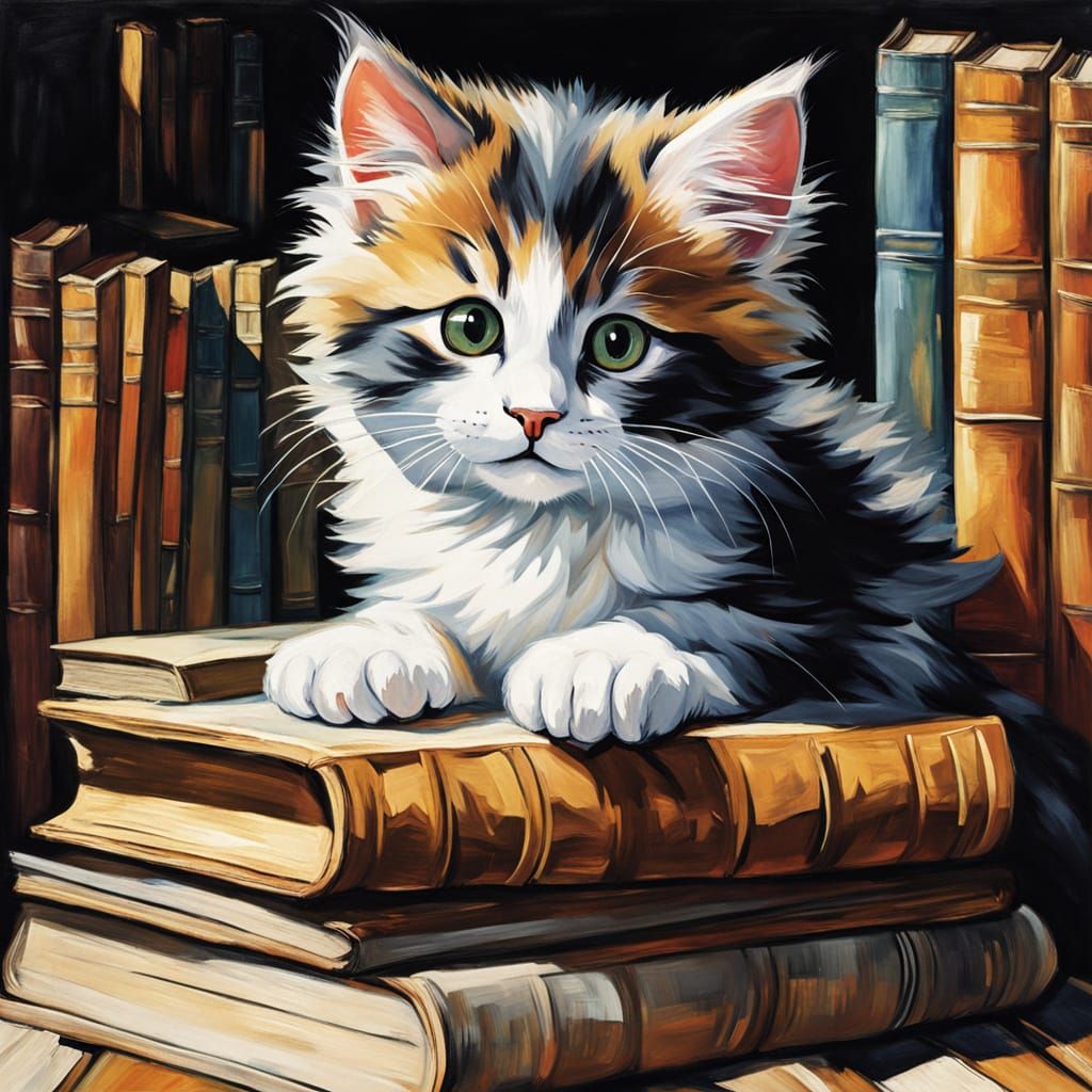 Calico Kitten Discovers Books in Dusty Attic, Impasto Gouach...