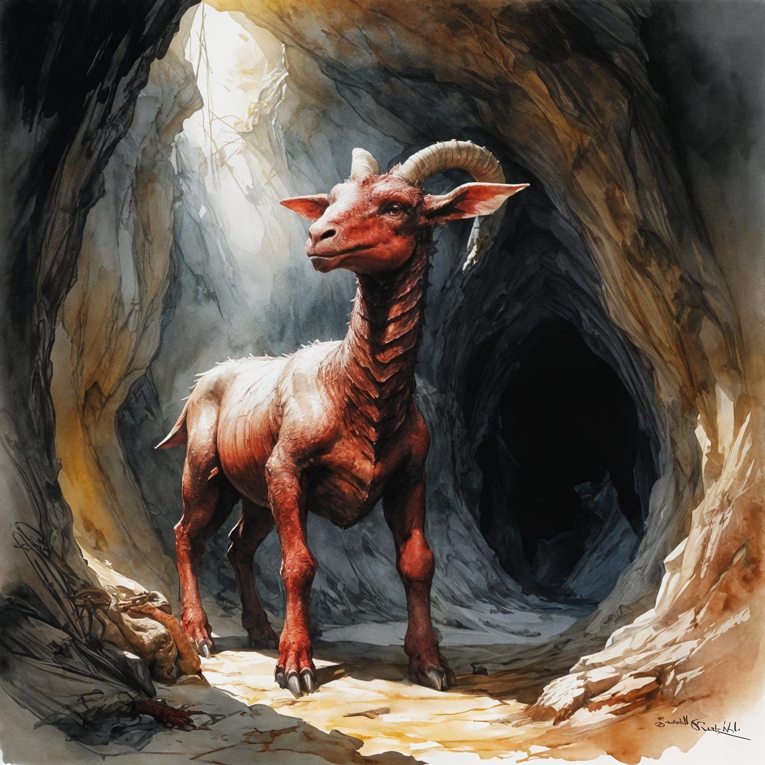 Lamb-bodied Dragon in Cave Mouth: Watercolor Double Exposure