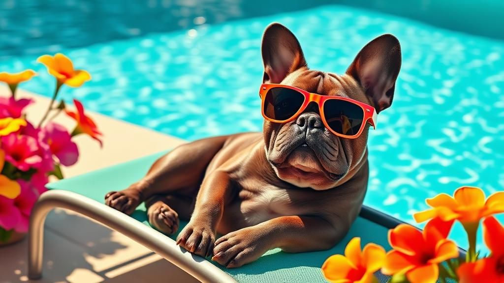 French Bulldog in Shades by Turquoise Pool