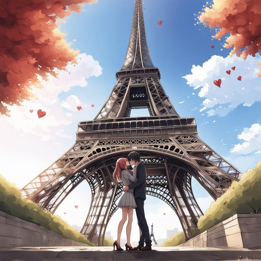 Lovers kissing under the Eiffel tower, anime style