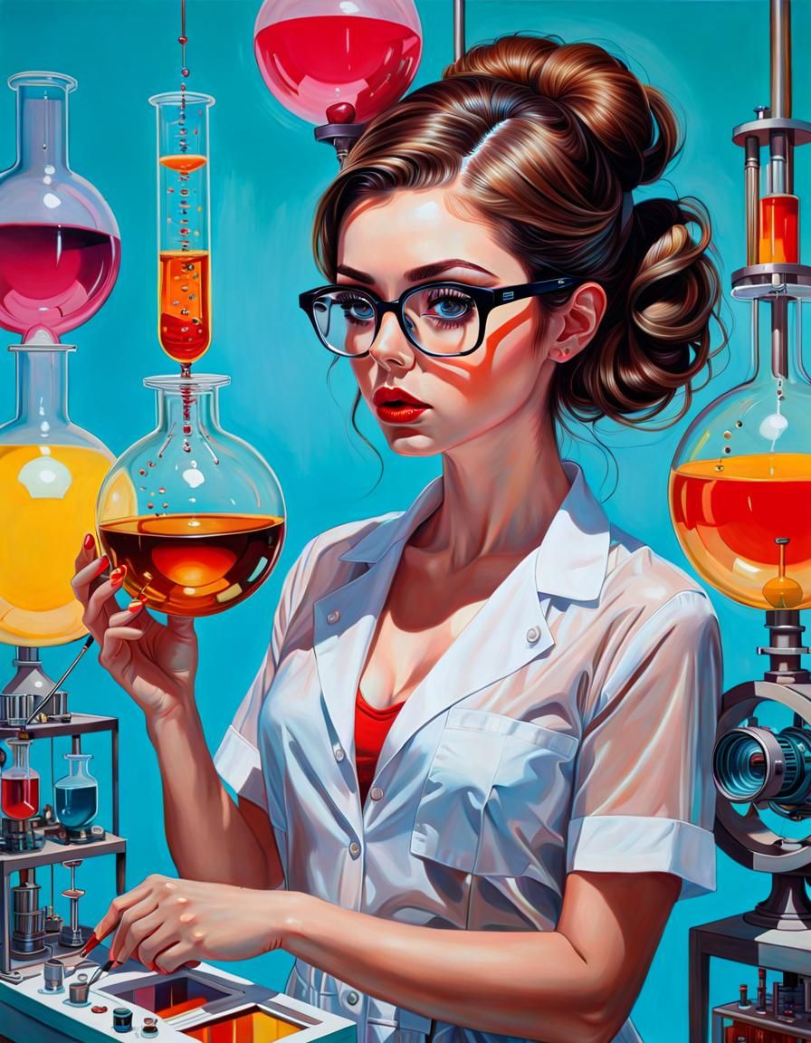 Female Scientist in Optical Illusion Painting