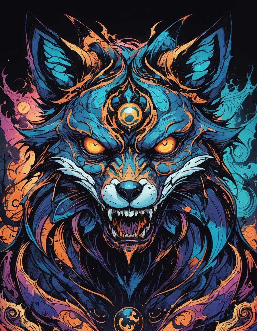 Creepy Neon Monster in Halloween Landscape: Pointillism Art