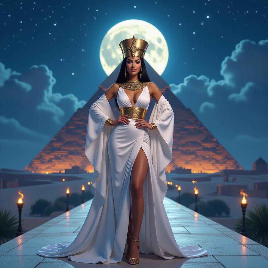 Egyptian Queen Poses Before Pyramid in Futuristic City