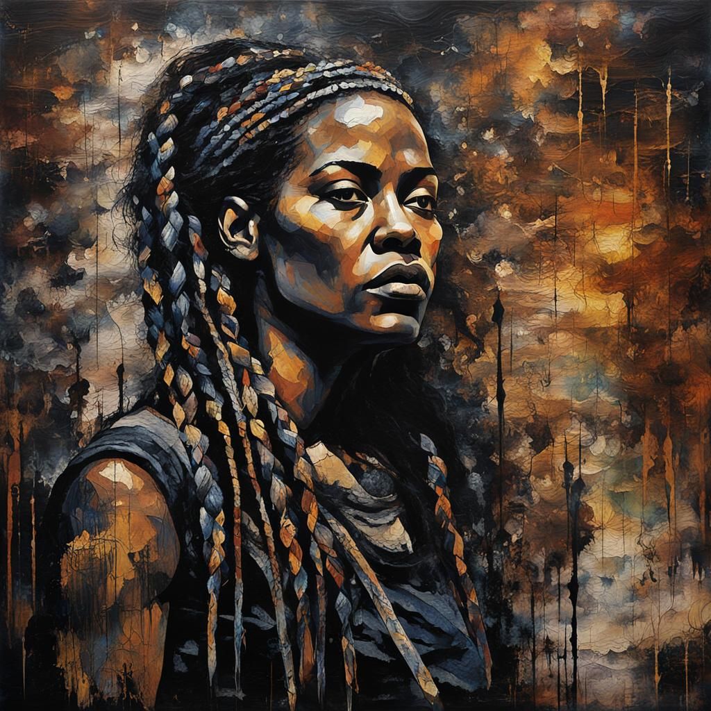 Abstract Expressionist Warrior Woman Portrait in Fabric Bati...