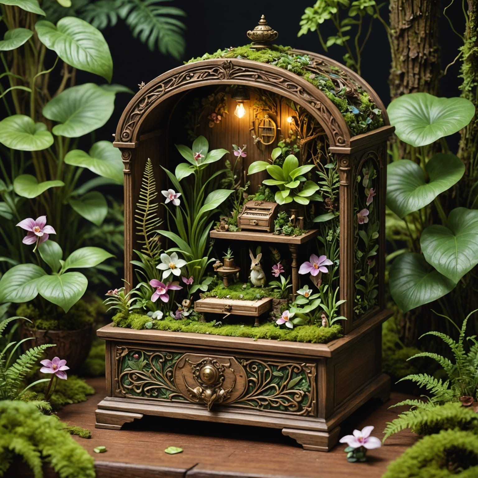Miniature Rainforest Inside Antique Music Box