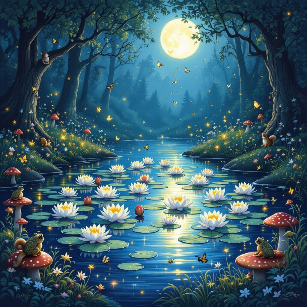 Enchanted Pond in Moonlight, Dreamy Illustration