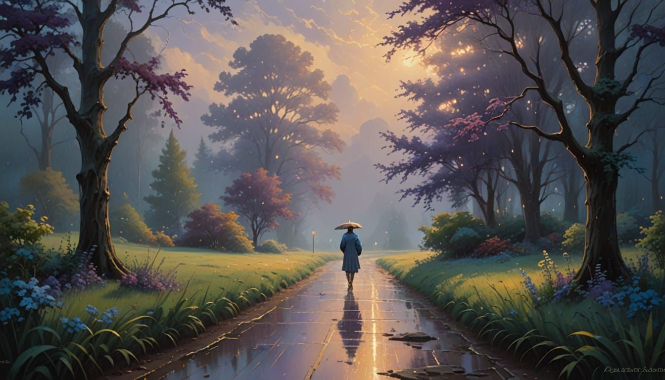 Ethereal Figure Walks in Summer Rain: Oil Painting