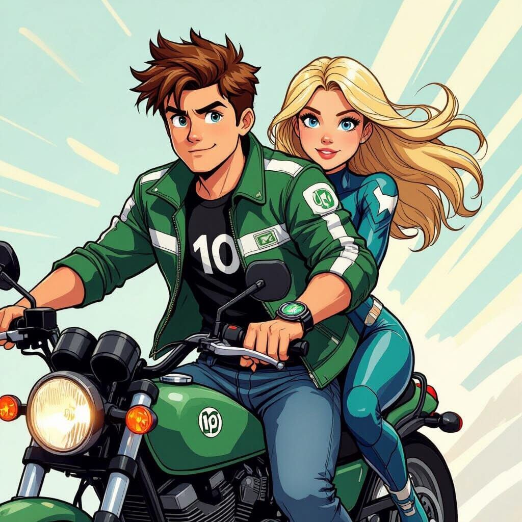Ben 10 and Spider-Gwen Ride a Motorcycle
