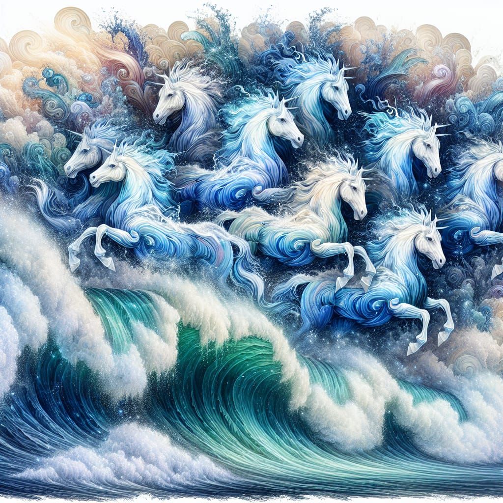 Majestic Water Stallions Emerge from Tidal Wave