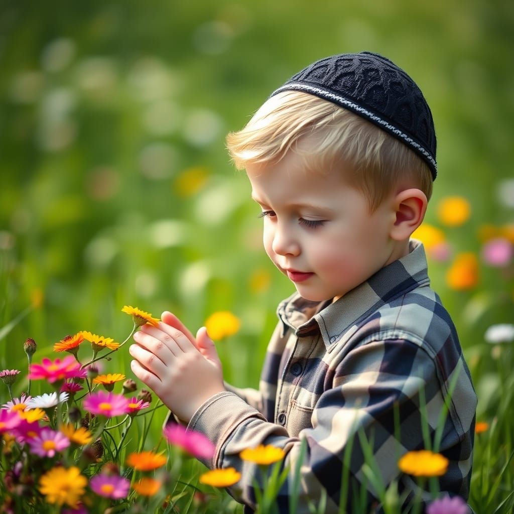 Boy with Kippah Picking Flowers in Meadow