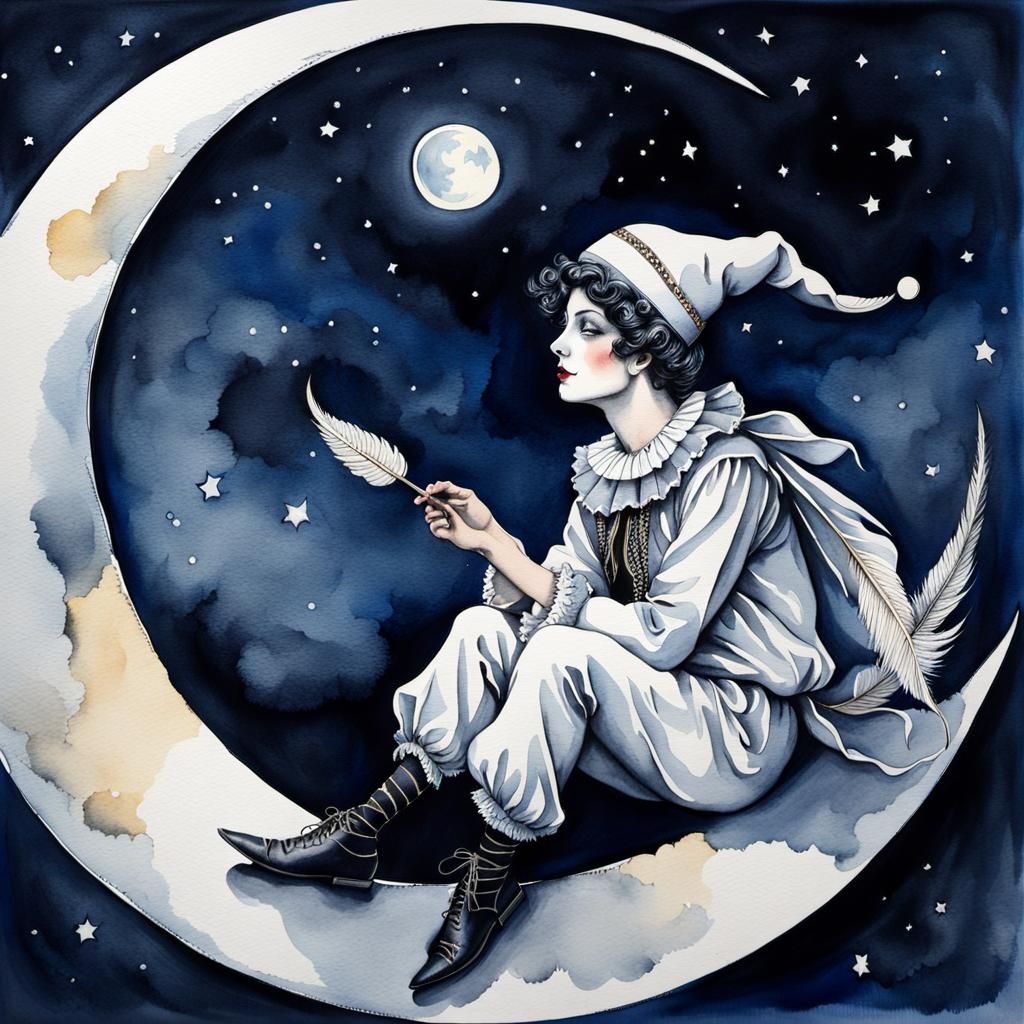 Pierrot on the Moon in Watercolor Style