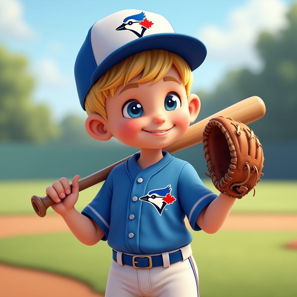 Smiling Boy in Baseball Outfit on Field