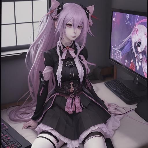 Japanese Gothic Female Gamer in Anime Style