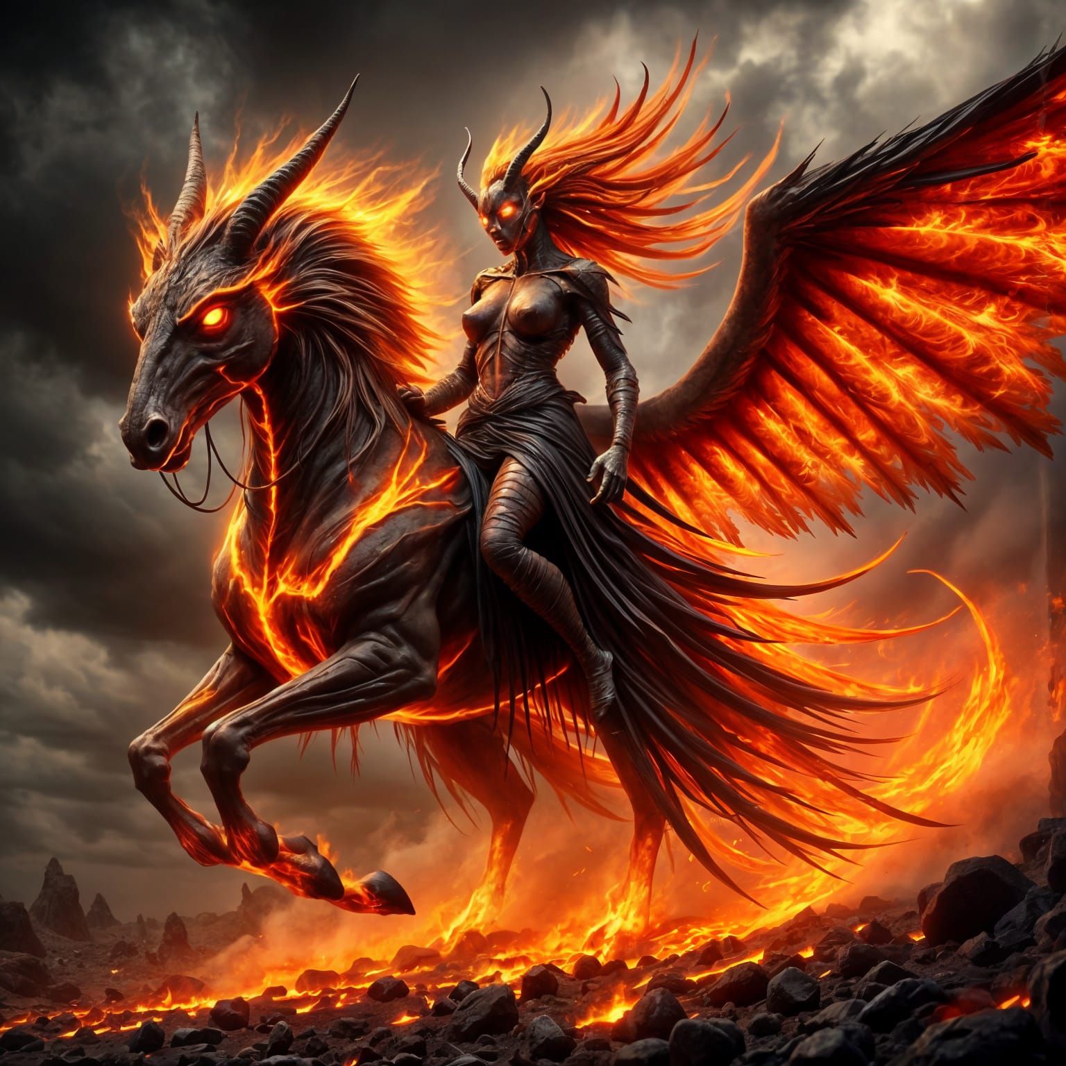 Surreal Female Demon Rides Flaming Pegasus in Hyper Realisti...