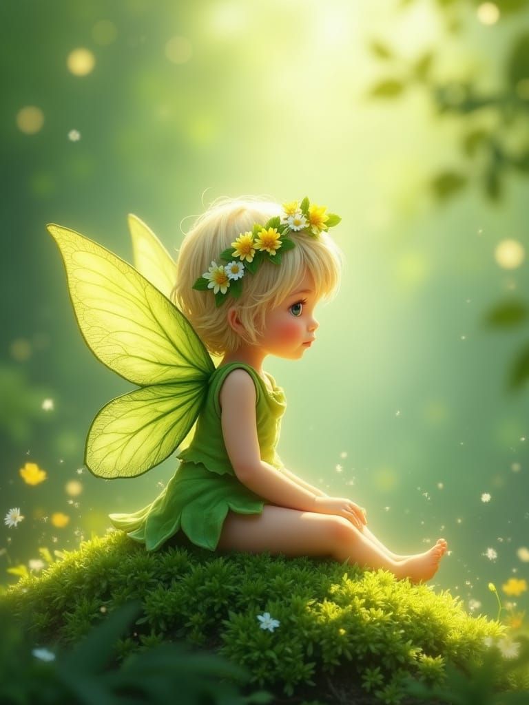 Whimsical Fairy Child in a Verdant Moss Landscape