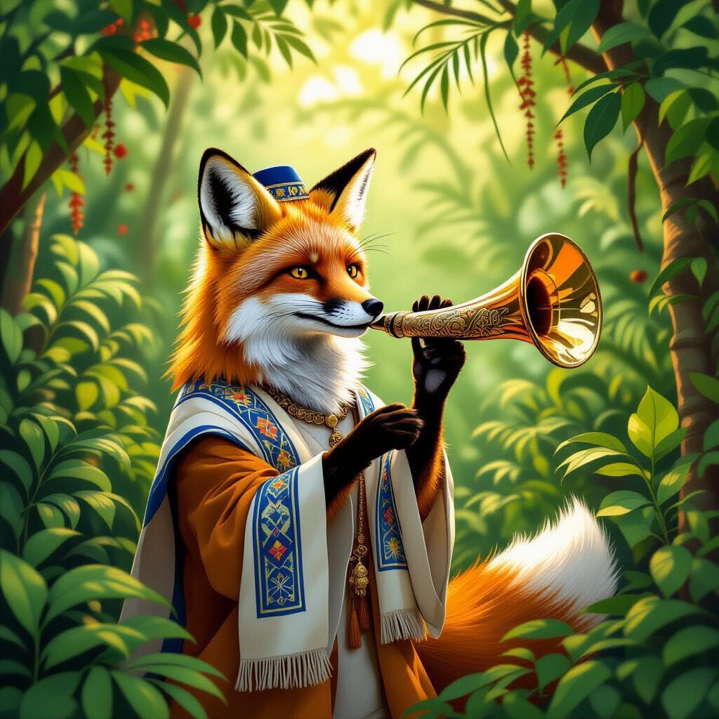 Fox in Tallit Blows Shofar in Lush Jungle