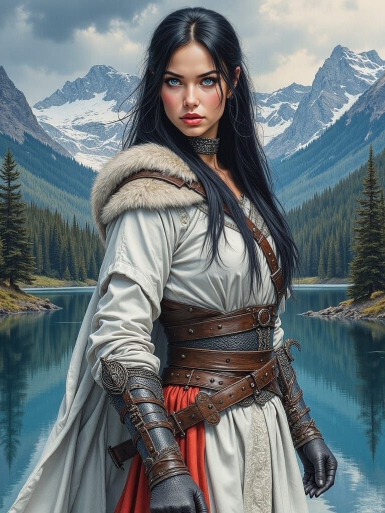 Serene Female Warrior Amidst Fantastical Landscape