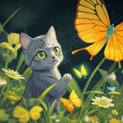 Chartreux Kitten Intently Watches Butterfly in Retro 3D