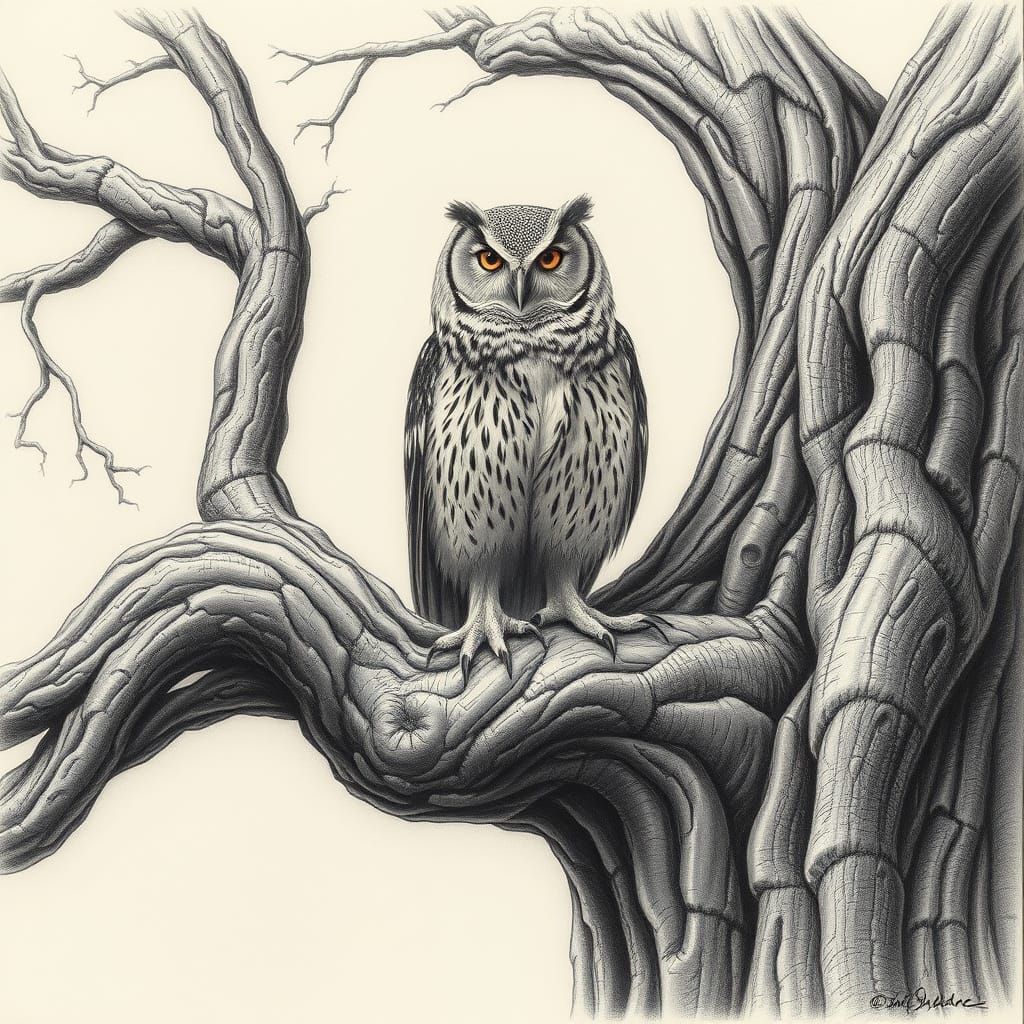 Majestic Owl Amidst Ancient Tree's Twisted Branches